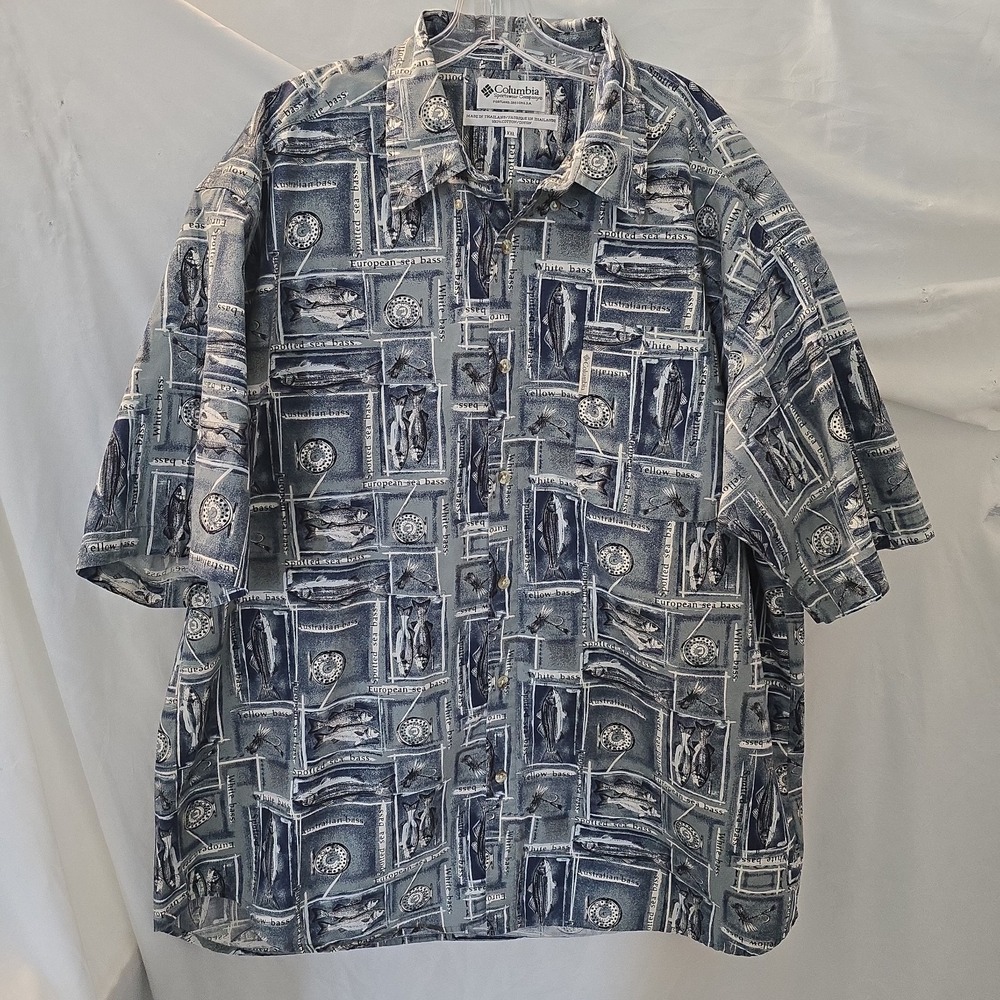 Columbia Men's Button Down Shirt All-Over Bass Fish Short Sleeve Blue XXL